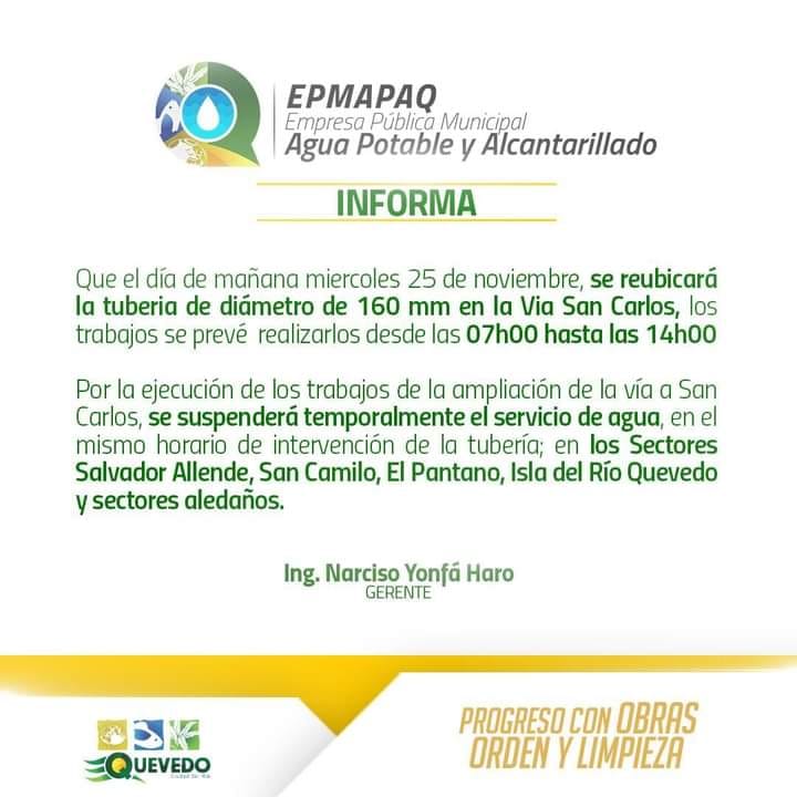 SUSPENSIÓN DE AGUA POR REUBICACIÓN DE TUBERÍA DE 160 MILIMETRO DE DIÁMETRO EN LA VÍA SAN CARLOS.