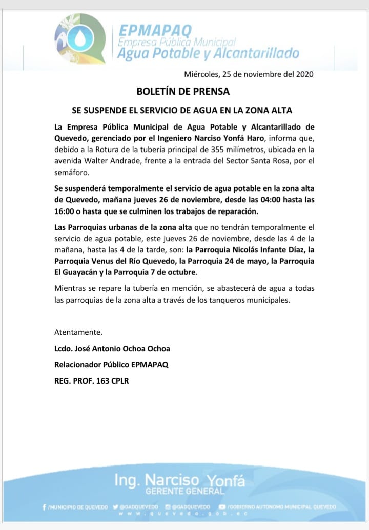 SE SUSPENDE EL SERVICIO DE AGUA EN LA ZONA ALTA.