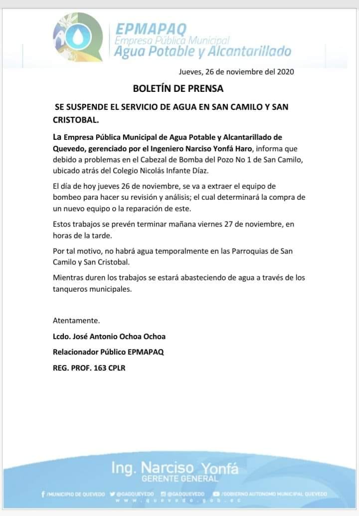 SE SUSPENDE EL SERVICIO DE AGUA EN SAN CAMILO Y SAN CRISTÓBAL.
