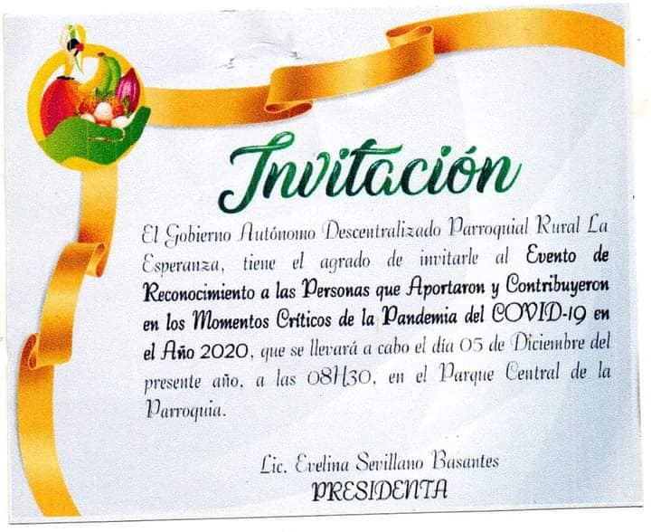 EL ING. NARCISO YONFÁ AGRADECE LA INVITACIÓN Y RECONOCIMIENTO POR PARTE DEL PRESIDENTE DEL GAD LA ESPERANZA.