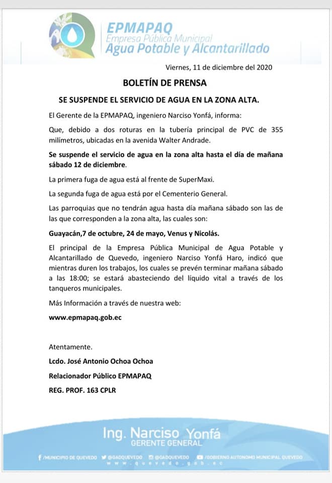 SE SUSPENDE EL SERVICIO DE AGUA EN LA ZONA ALTA.