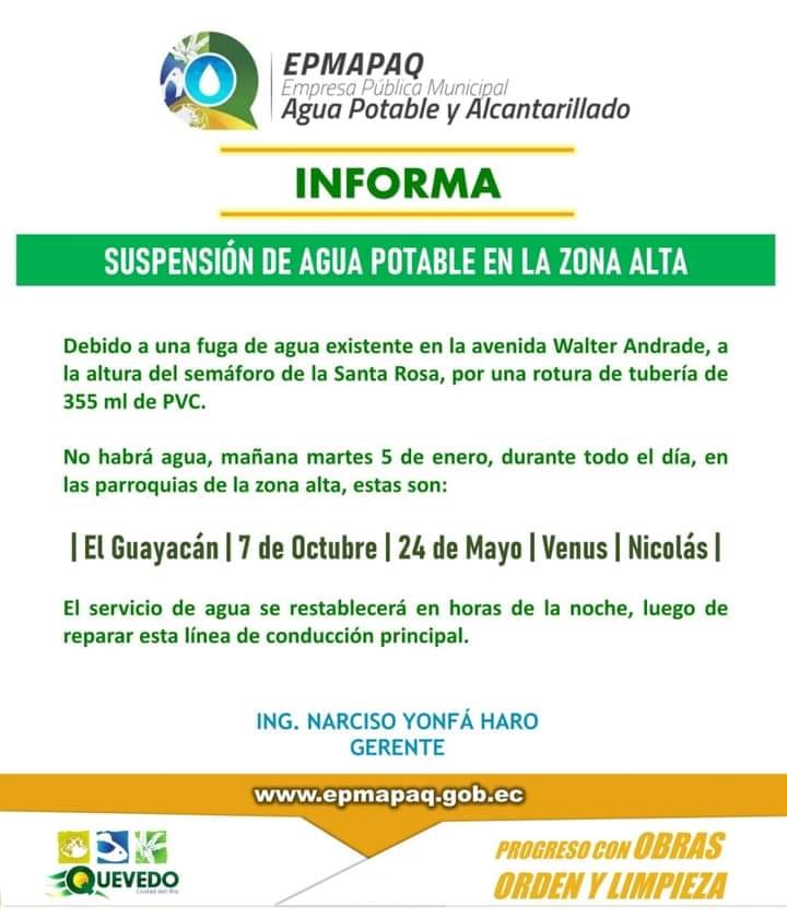 SE SUSPENDE EL SERVICIO DE AGUA POTABLE EL DÍA DE MAÑANA EN LA ZONA ALTA  A LA ALTURA DEL SEMÁFORO DE SANTA ROSA.