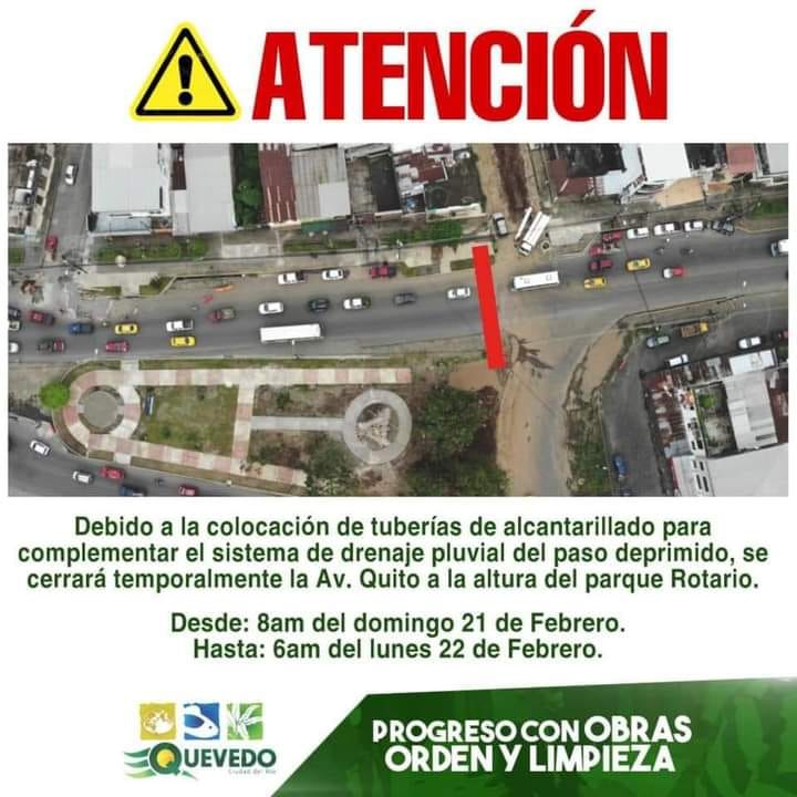 SE CERRARÁ TEMPORALMENTE AVENIDA QUITO A LA ALTURA DEL PARQUE ROTARIO.