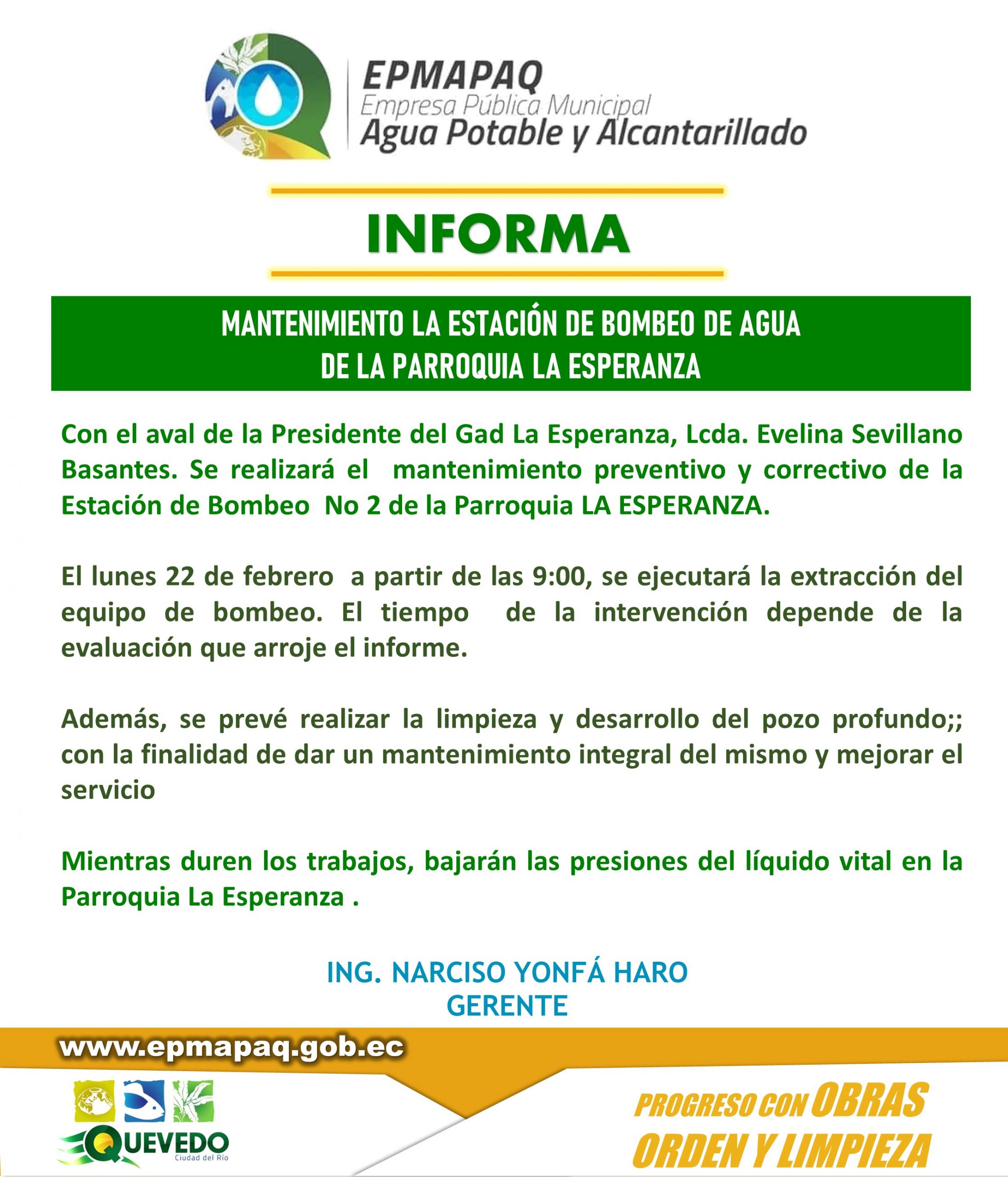 MANTENIMIENTO DE LA ESTACIÓN DE BOMBEO DE AGUA POTABLE NÚMERO  2 DE LA PARROQUIA LA ESPERANZA.