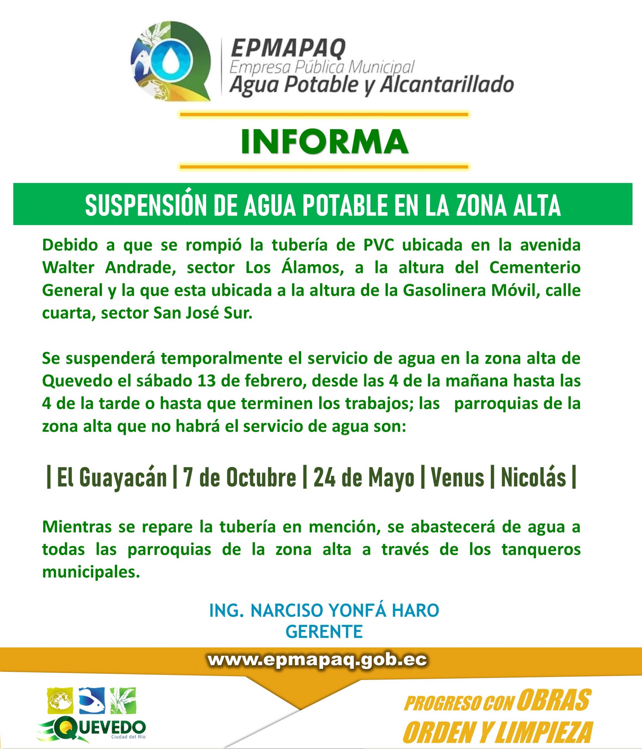 SE SUSPENDE TEMPORALMENTE EL SERVICIO DE AGUA EN LA ZONA ALTA.
