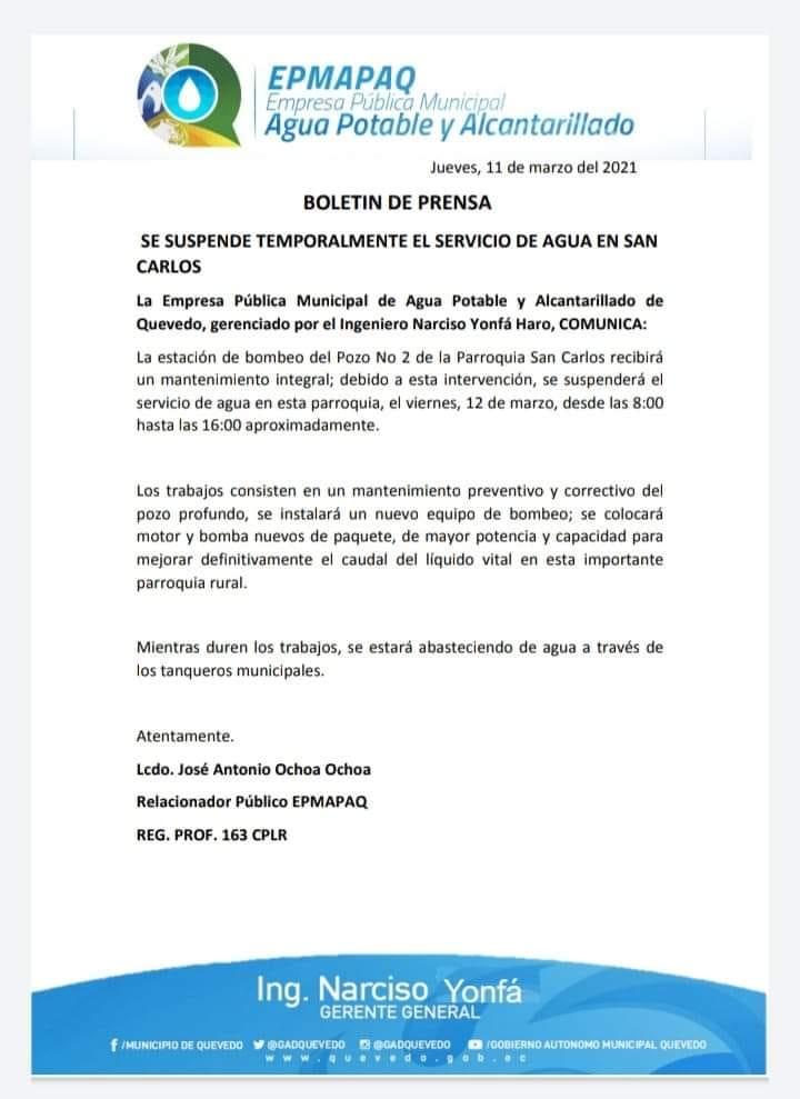 SE SUSPENDE TEMPORALMENTE EL SERVICIO DE AGUA EN SAN CARLOS.