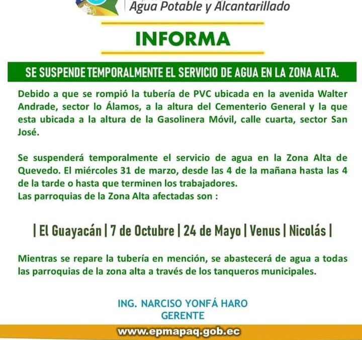 SE SUSPENDE TEMPORALMENTE EL SERVICIO DE AGUA EN LA ZONA ALTA.