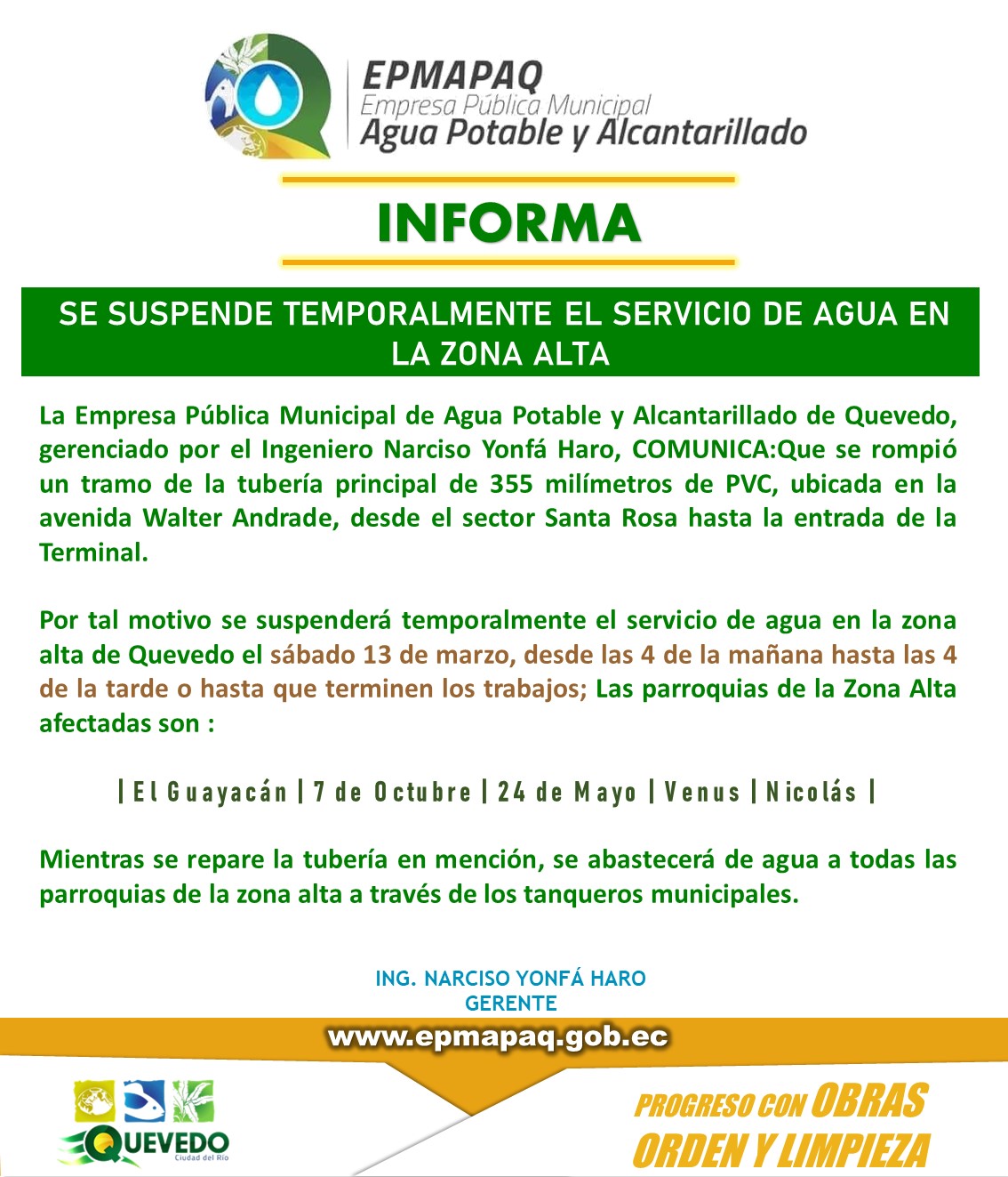 SE SUSPENDE TEMPORALMENTE EL SERVICIO DE AGUA EN LA ZONA ALTA.